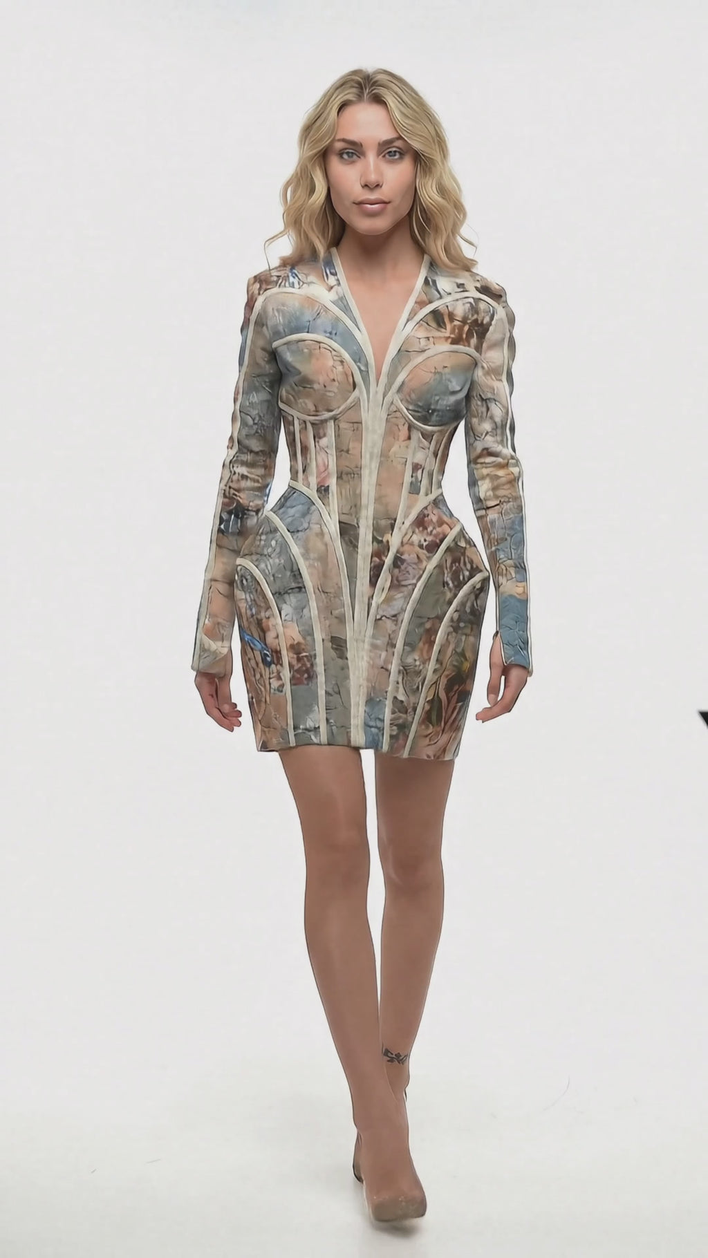 Balmain - V-Neck Patterned Linen Cage Dress